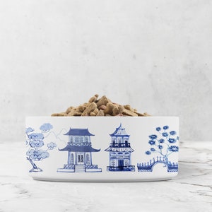 Chinoiserie Pet Bowl, Pagoda Pet Food or Water Bowl, Blue and White