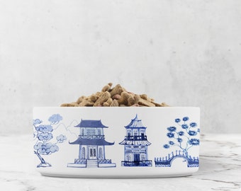 Chinoiserie Pet Bowl, Pagoda Pet Food or Water Bowl, Blue and White