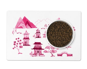 Chinoiserie Pet Mat, Dog Bowl Mat, Cat Dish Mat, Pagoda Valley, Pink and White