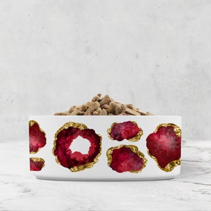 Modern Ceramic Pet Bowl, Ruby Red and Gold, Jewel Print Water Bowl, Dog or Cat Food Dish