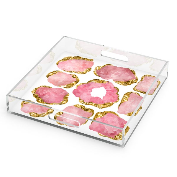 Jewel Art Print Tray, Acrylic, Pink Quartz and Gold Decor, 12" x 12"