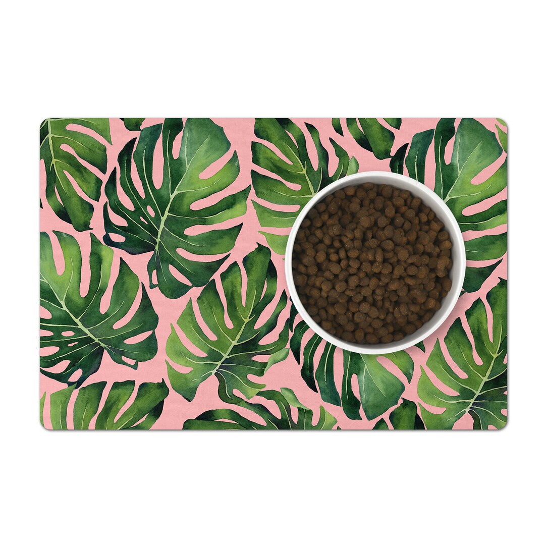 Pet Feeding Mat, Tropical Monstera Leaves, Dog Placemat Green and Pink