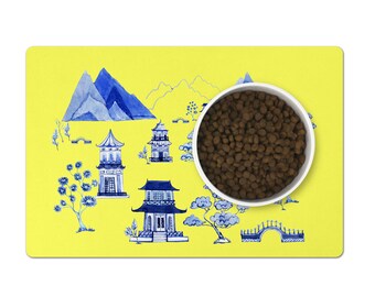 Chinoiserie Pet Feeding Mat, Dog Bowl Mat, Cat Dish Mat, Pagoda Valley, Blue and Yellow