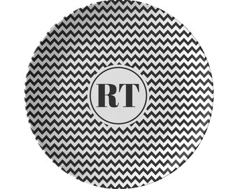 Black and White Zig Zag Custom Monogram Plate, Luxury Plastic, Choose Single or Set
