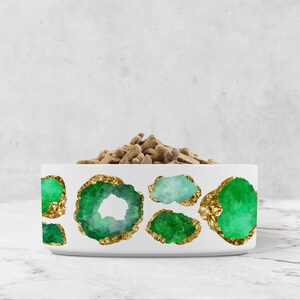 Ceramic Dog Bowl Emerald Green and Gold, Jewel Print Water Bowl, Dog or Cat Food Dish