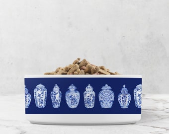 Chinoiserie Ceramic Pet Bowl: Navy Blue Ginger Jar Design