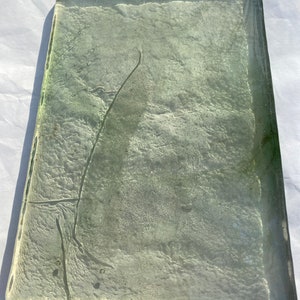 May include: A clear glass tray with a textured surface and a green tint. The tray has a rectangular shape and is slightly curved on the edges.