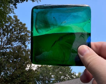Blenko Architectural 4 inch Glass Tile - 3299 Abstract - Three Shades of Green on clear. (Looks like layers of a field of green)