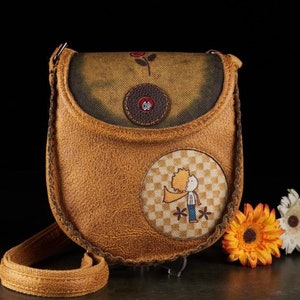The Little Prince Figured Mustard Knitted Crossbody Genuine Leather Crossbody Bag