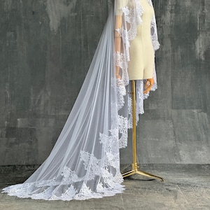 Chantilly Lace Cathedral Wedding Veil: Bridal Mantilla with Blusher
