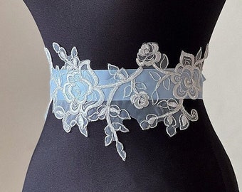 Something blue to put into dress, Flower Lace Sash,Two Tone Of Blue Flower Lace Headband, Bridal Headband, Bridesmaid Sash,Flower Girl Sash