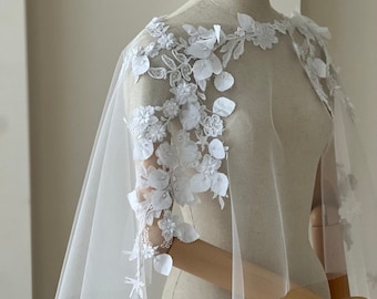 Short lace cape,bridal cape, floral wedding cape, bride cape, floor length veil, capelet, wedding cape, custom cape/bespoke cape