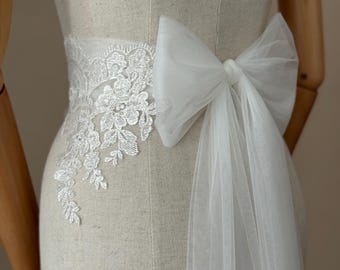 Ivory Ribbon Tulle Floral and Crystal Wedding Sash Belt Ivory Floral Bridal Belt,Wedding Belt,Crystal Rhinestones  main image 3