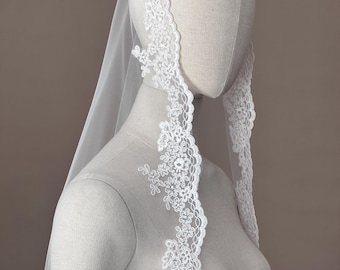 Handmade Floral Lace Mantilla Veil, Scalloped Trim, Custom Length (White/Ivory)