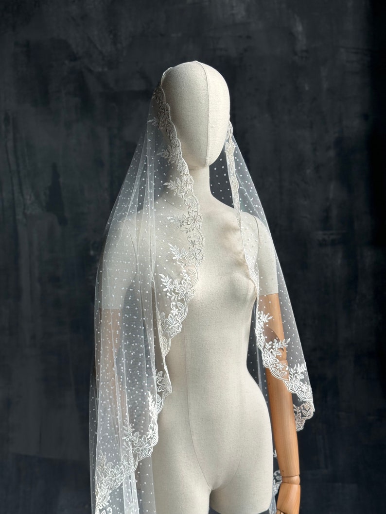 Dotted Tulle Veil. Polka Dot Veil. Mantilla Veil. Vintage Inspired Lace Veil. Polka dot Veil. Ballet Veil image 6