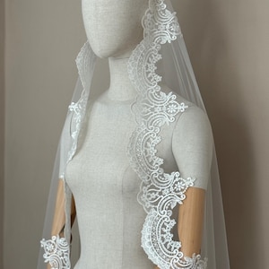 Ivory Lace Wedding Veil: Beaded Embroidered Mantilla, Scalloped Edge