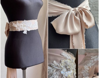 Vintage Rose blush, Champagne, Pink Fabric Flowers Sash - Crystal and Pearls Embellished Belt is good for a Bride, Maid of Honor