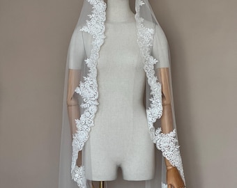 Ivory Mantilla Lace Wedding Veil, Embroidered Sequins, Fingertip Length