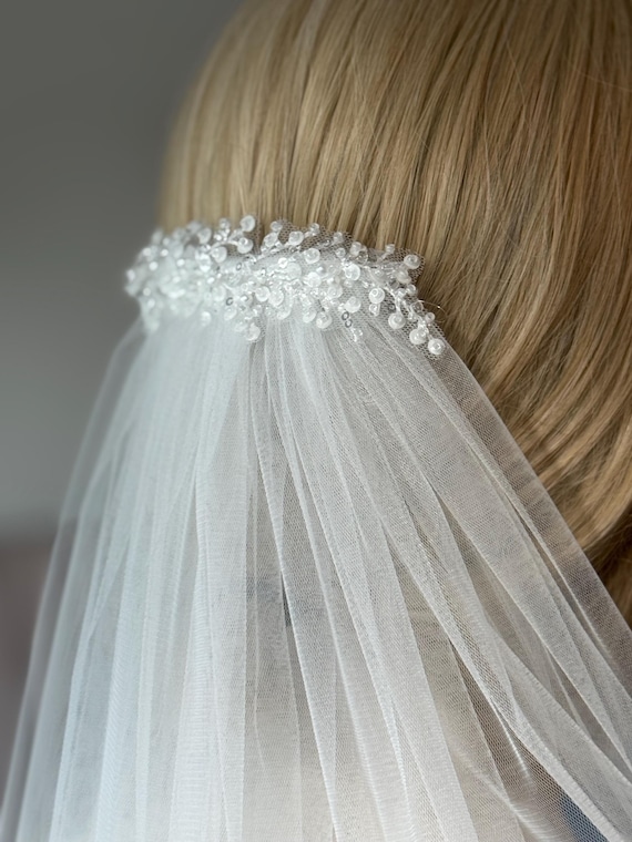 Elegant Off White Beaded Bridal Veil Pearl Beaded Edge Fingertip Wedding Veil Envogue V2672SF main image 2
