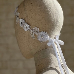 White Lace and Flowers Dress Sash Net Tie Headband Wedding Veil Bohemian Hair Accessory, Boho Weddings, Wedding Veil, Lace Headpiece