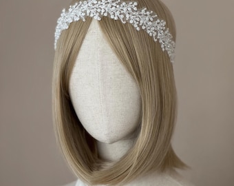 Ivory Beaded Lace Bridal Headband, Modern Tulle Tiara