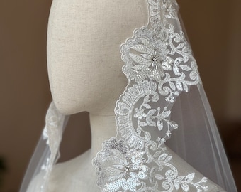 Mantilla Lace Veil, Lace Wedding Veil Fingertip, Lace Veil, Veil, Bridal Lace Veil, Bridal Veil