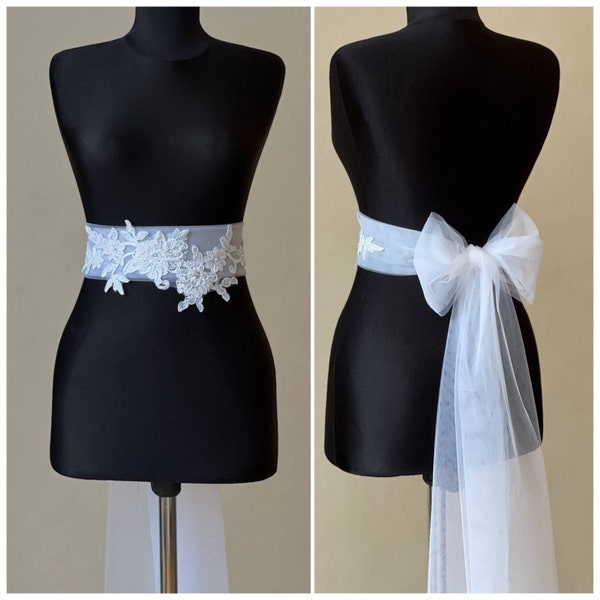 Wedding dress belt | Tulle Bow Bridal Sash | White Bow Belt | Over-sized Bow Belt | Belt Junior Bridesmaid Sash Birthday Girl Bow Sash