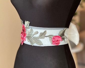 Burgundy Floral Embroidered Tulle Wedding Sash, Rose Bridal Waist Belt