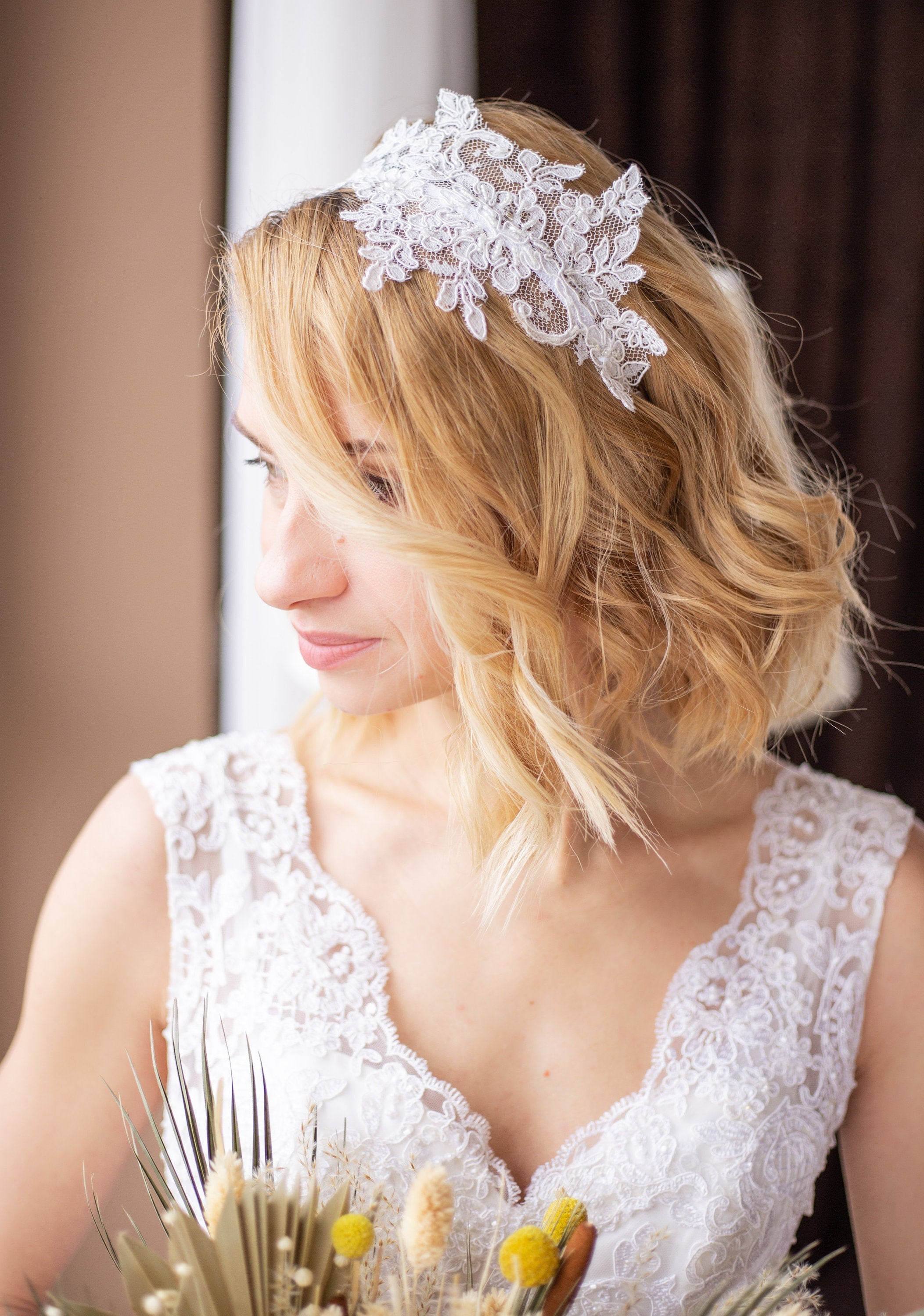 Bridal Headband,ivory Wedding Headband, Beaded Lace Headband 