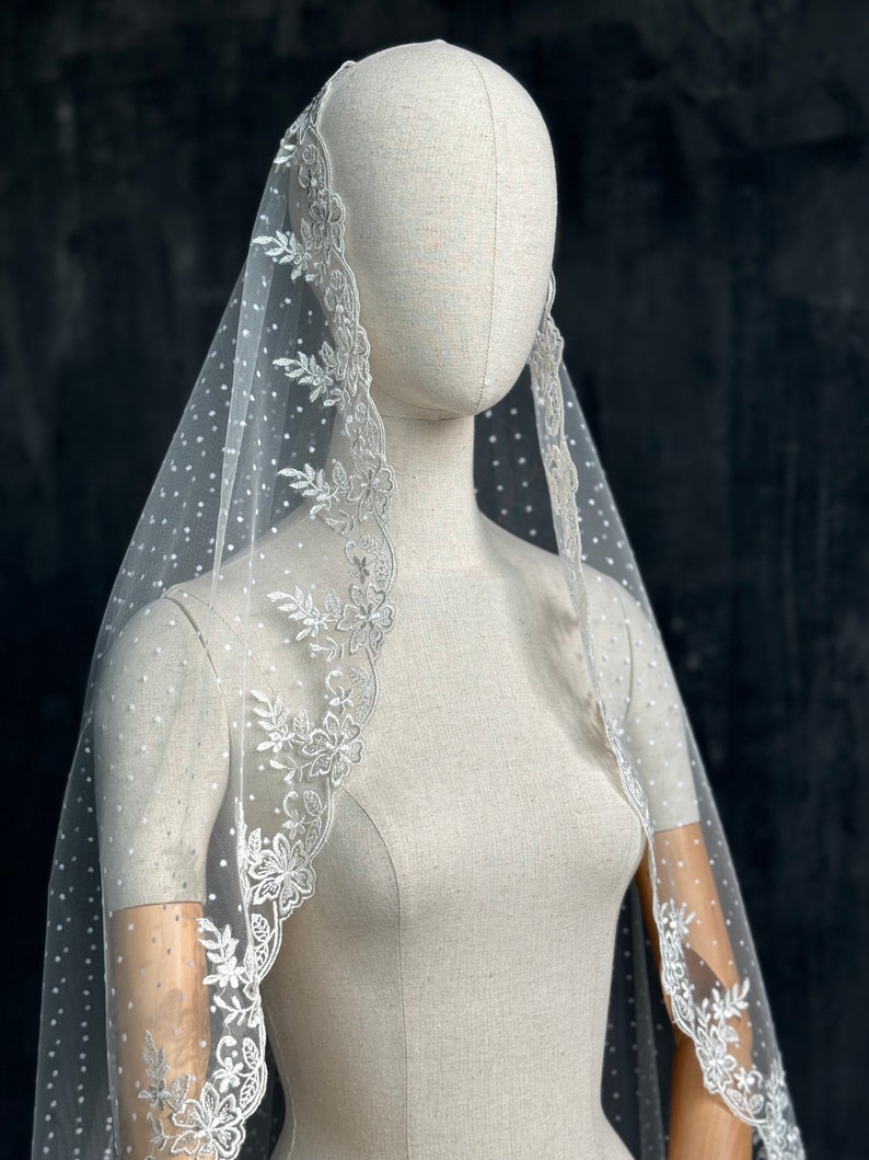 Dotted Tulle Veil. Polka Dot Veil. Mantilla Veil. Vintage Inspired Lace Veil. Polka dot Veil. Ballet Veil image 10