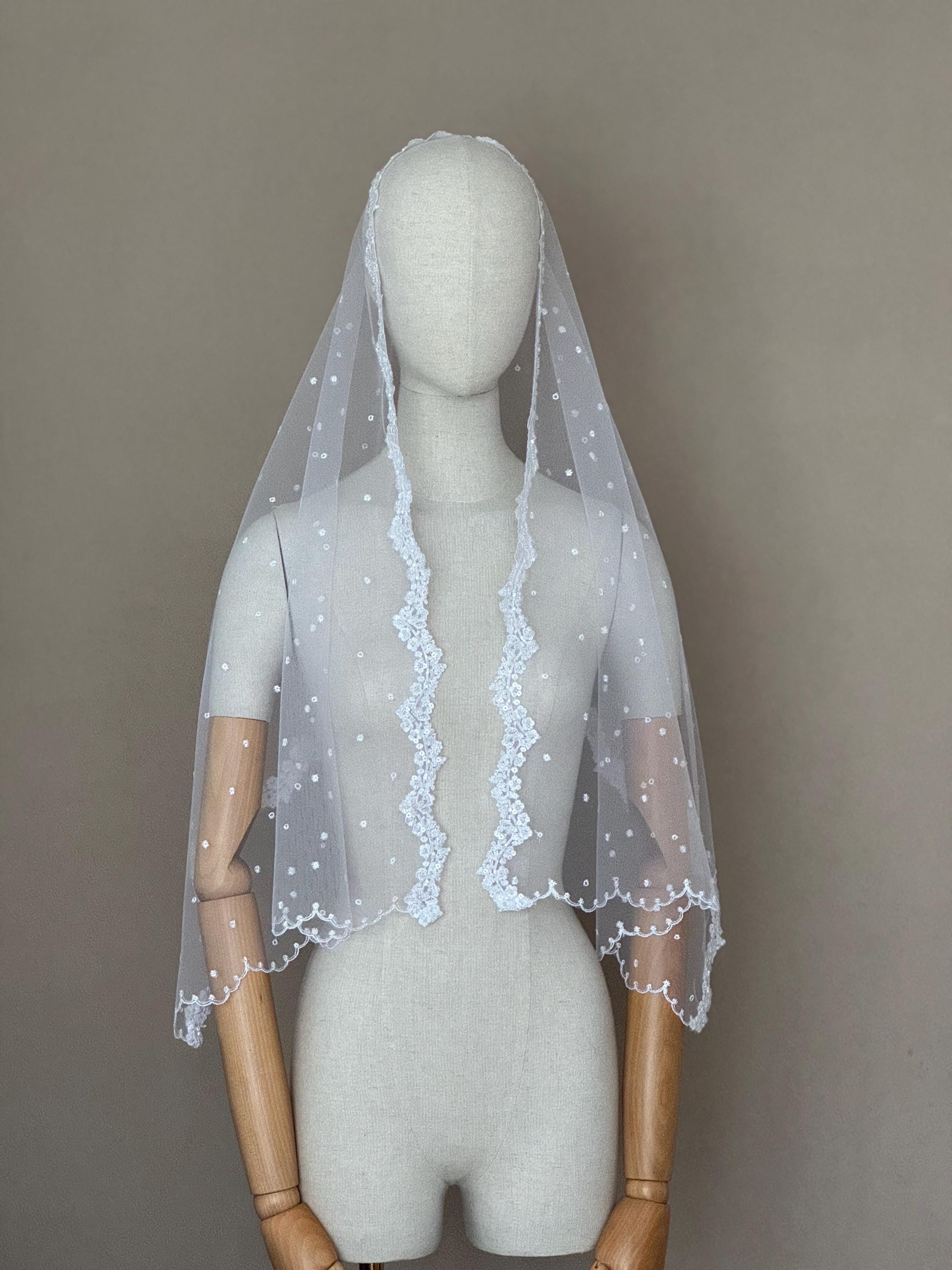 White Polka Dot Lace Chapel Mantilla Veil, Catholic Wedding Headcovering Shawl