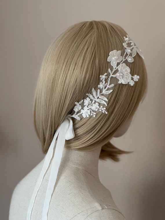 White & Ivory Lace Bridal Headband Bridal Headband,ivory Wedding Headband, Beaded Lace Headband  main image 4