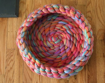 Chunky Crocheted Cat Bed in Rainbow Riot