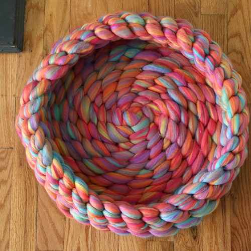 Chunky Crocheted Cat Bed in Rainbow Riot