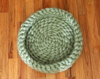 Chunky Crocheted Cat Bed in Winter Sage