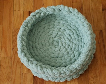 Chunky Crocheted Chenille Pet Bed in Spa Blue, Aqua