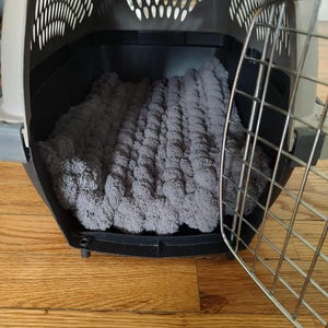 May include: A gray plastic pet carrier with a metal door. The carrier has a gray, fluffy bed inside.