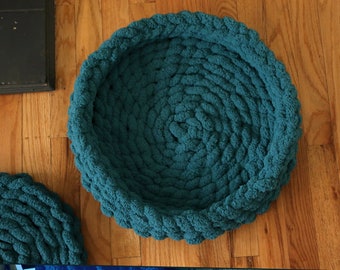 Chunky Crocheted Chenille Pet Bed in Dark Teal. Pet Nest Pet mat Perch Cover Cat tree landing pad