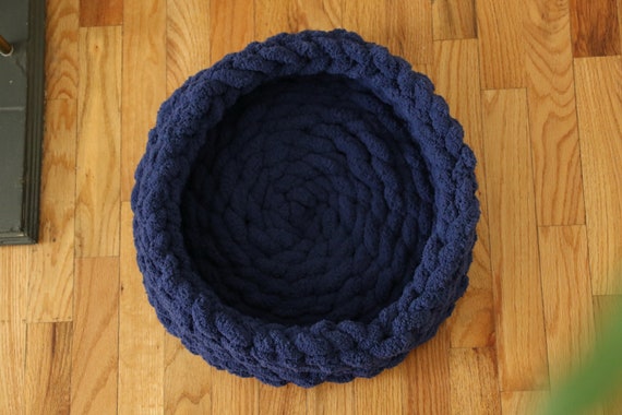 Chunky Crocheted Chenille Cat Bed in Country Blue