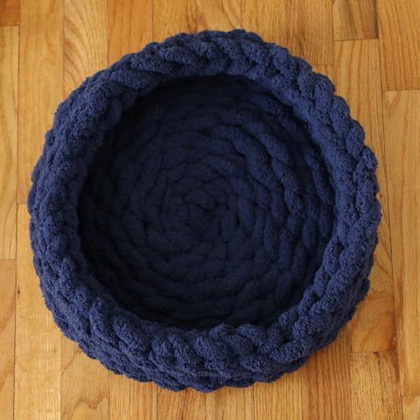 Chunky Crocheted Chenille Pet Bed in Navy Blue cuddle cup pet nest cat coaster