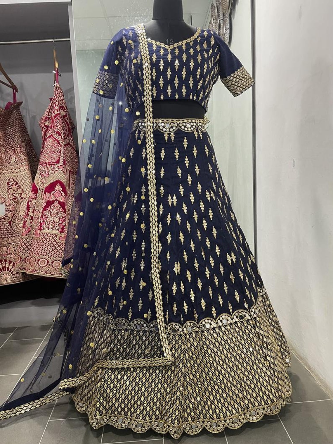 navy blue mirror work lehenga