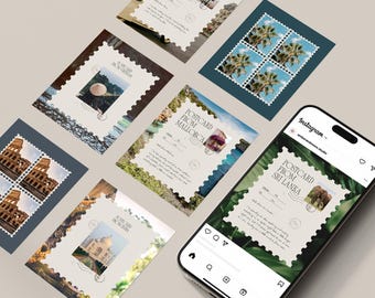 Stamp Postcard Canva Templates | 25 Social Media Designs | Travel Instagram Templates | 1080x1350px | Works with Free Canva Account