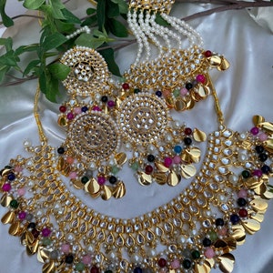 Stunning Indian Punjabi Pippal Patti Kundan sets in beautiful colours includes necklace,earrings,tikka and paasa(headpiece)