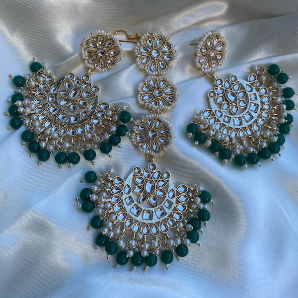 Indian/Punjabi Bollywood style kundan earrings and tikka sets in variety of colours