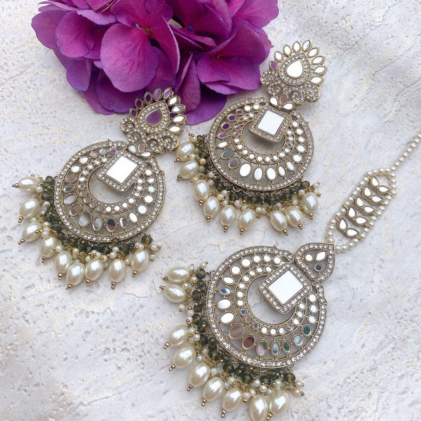 Beautiful Indian Punjabi Bollywood style Mirror Sheesha earrings and tikka sets In various colours