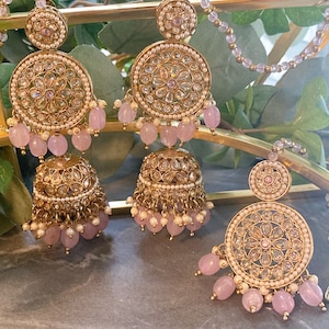 Gorgeously designed Indian/Bollywood Punjabi Long jhumki earrings and tikka sets in variety of colours