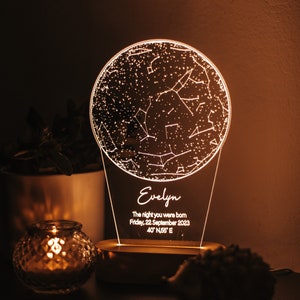 Luce notturna personalizzata con mappa stellare, lampada personalizzata per grafico della costellazione, stampa della mappa del primo appuntamento, regalo di anniversario per coppie