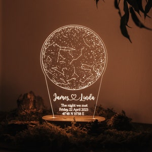 Veilleuse carte des étoiles personnalisée, lampe graphique de constellation personnalisée, impression carte premier rendez-vous, cadeau d'anniversaire pour couple