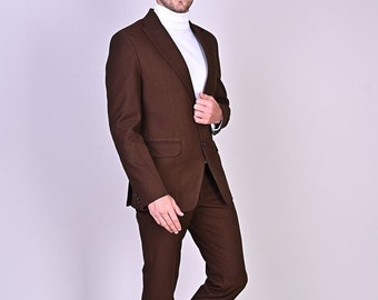 Tweed brown 2 piece suit for men, suit for groom and groomsmen, elegant wear for prom, dinner, wedding, party wear outfit.