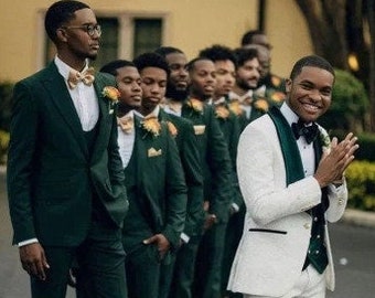 White paisley  green lapel 3 piece suit for groom & groomsmen wedding customized suit-prom, party wear suit